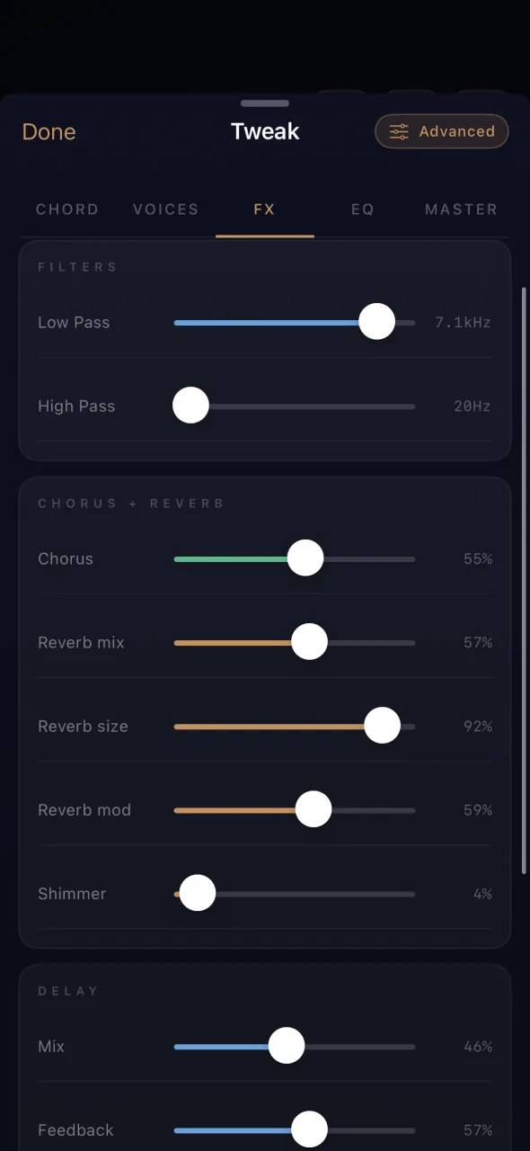 Studio FX detail — Modulation, Tone, EQ, Evolution and tap tempo