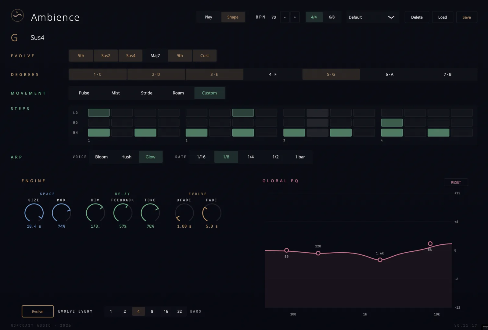 Ambience Shape page - the design view: evolve chord types (Sus2, Sus4, 7th, Min7, Maj7, 9th, Add9, Custom), custom chord builder with degrees, movement patterns (Pulse, Mist, Stride, Roam, Custom) plus a step sequencer, arp voice and rate, engine knobs (size, mod, div, feedback, tone, xfade, fade) and a four-band global EQ